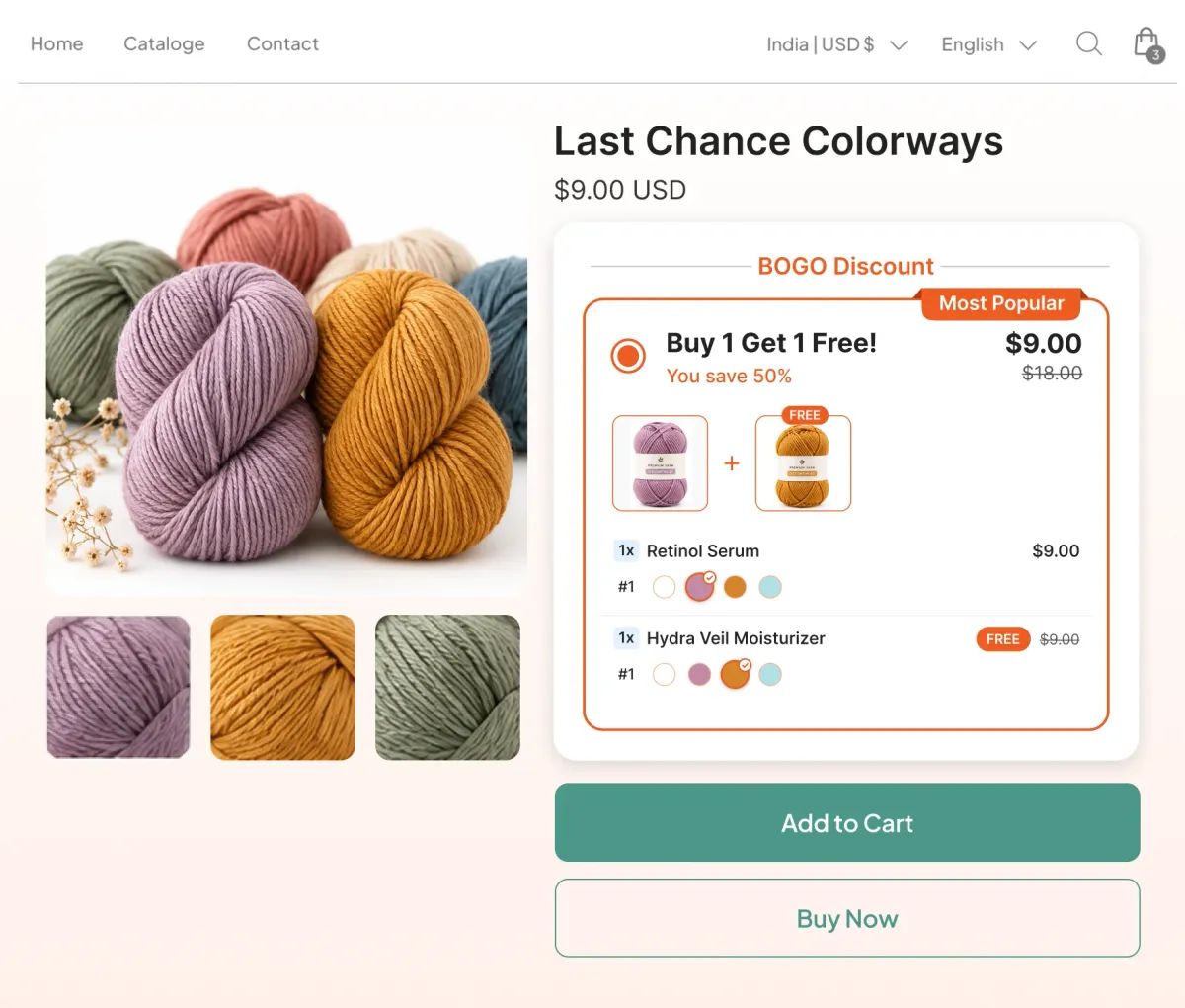 Last chance colorways page with a buy one get one free offer on discontinued yarn