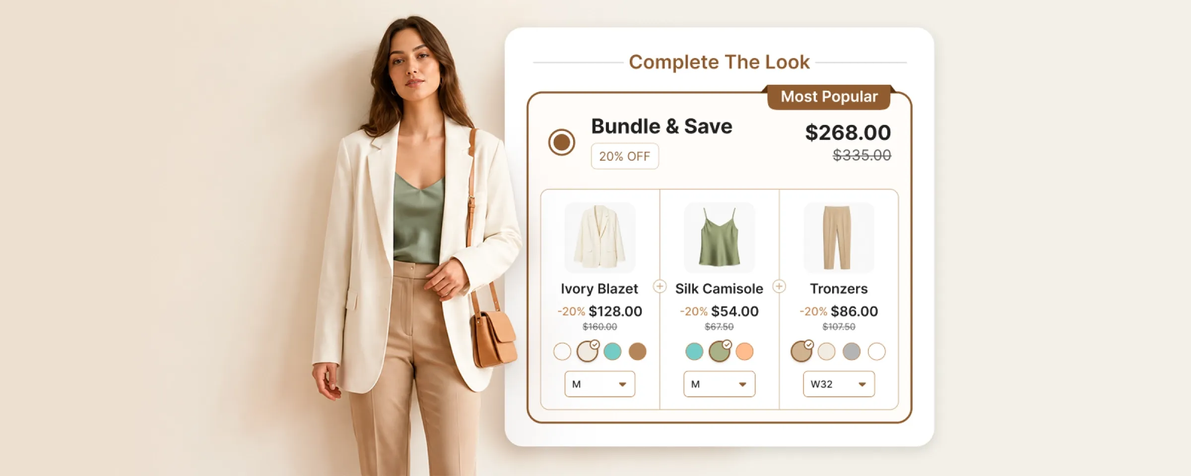 Model wearing an ivory blazer, sage camisole and tan trousers beside a Complete The Look widget bundling all three at 20% off, each with its own colour and size picker