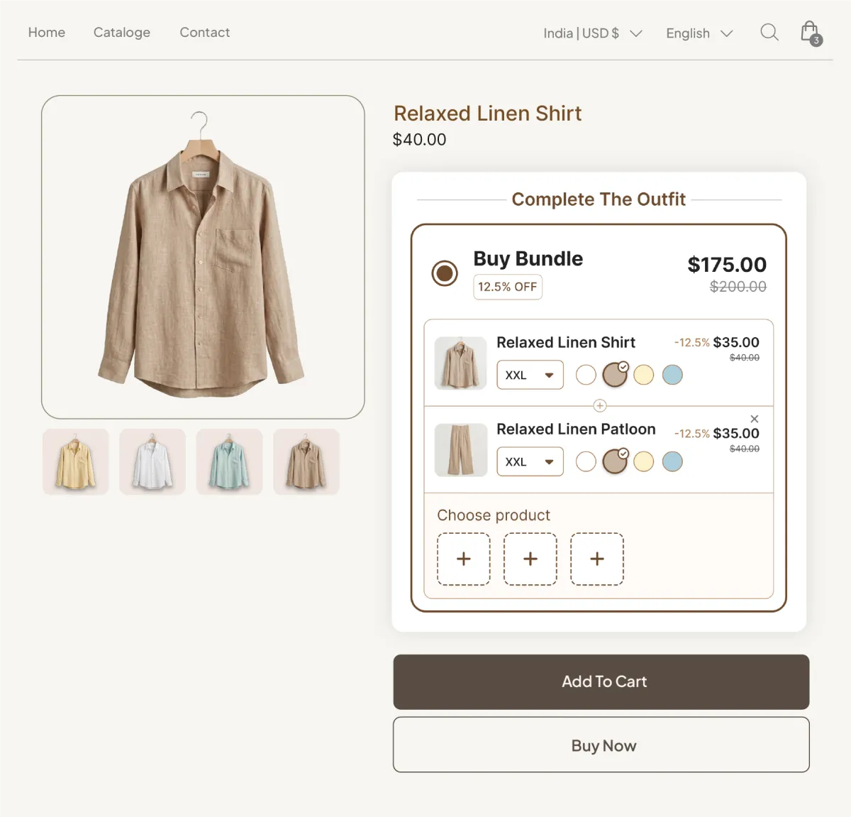 Relaxed Linen Shirt product page with a Complete The Outfit panel bundling the shirt and matching trousers at 12.5% off, each with its own size and colour picker