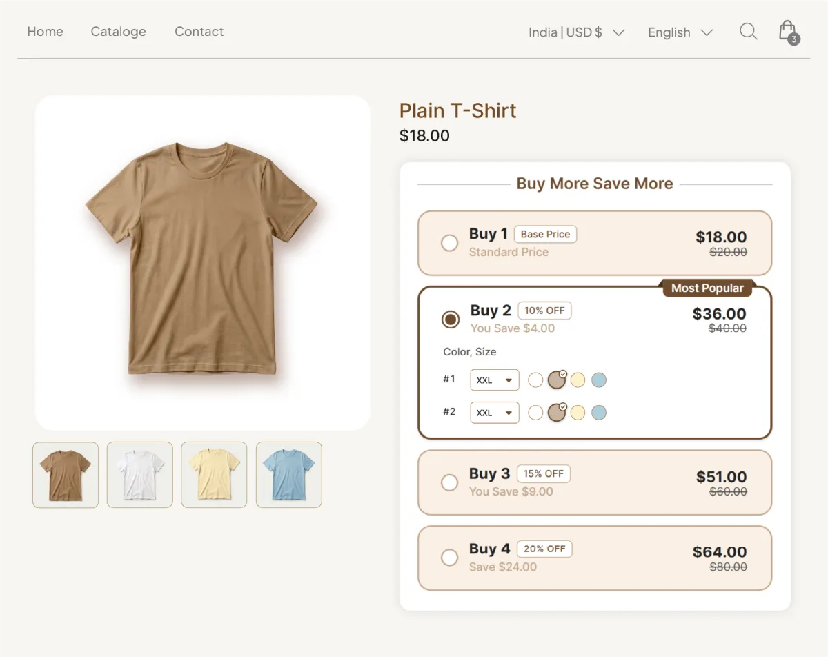 Plain T-Shirt product page with a Buy More Save More widget showing Buy 1 to Buy 4 tiers and per-item size and color pickers on the selected tier