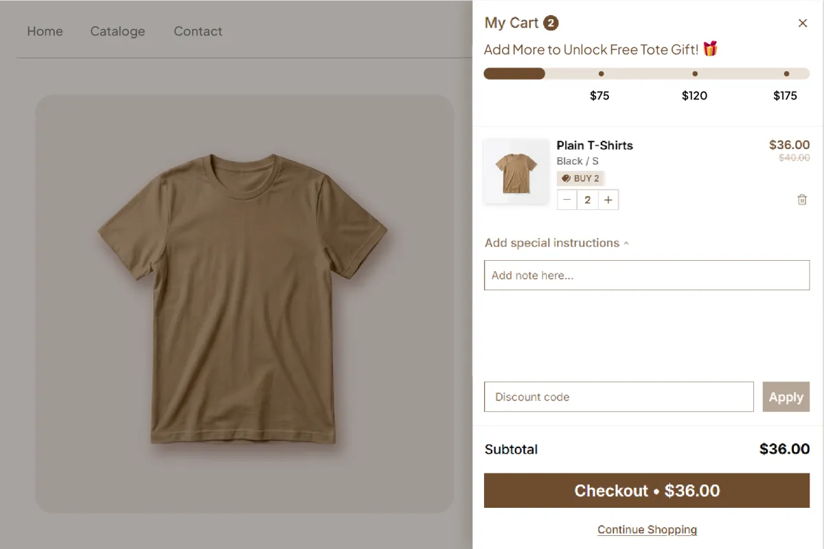 Shopify cart drawer with a spend progress bar prompting the shopper to add more to unlock a free tote gift