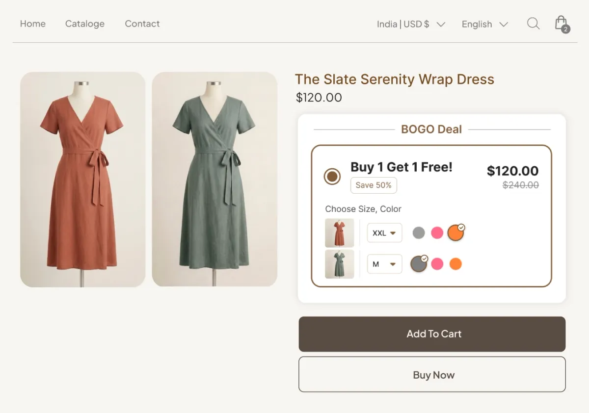 The same wrap dress style displayed in rust and sage colorways with a Buy 1 Get 1 offer on the second colorway