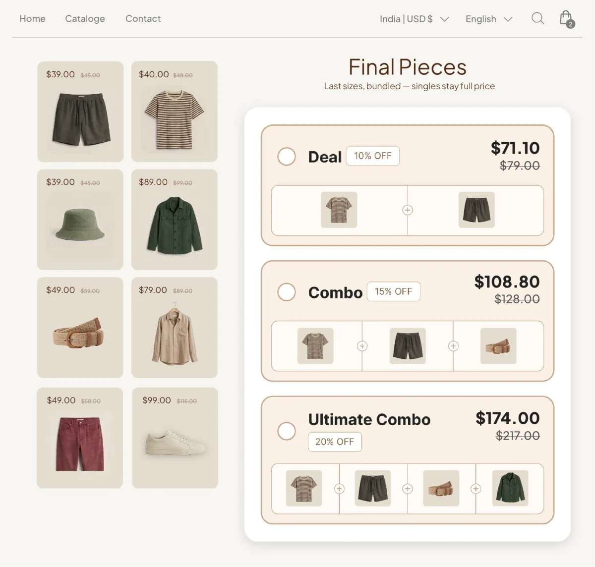 Final Pieces end-of-season collection grid with a side panel packaging slow-moving sizes into Combo and Ultimate Combo bundle prices