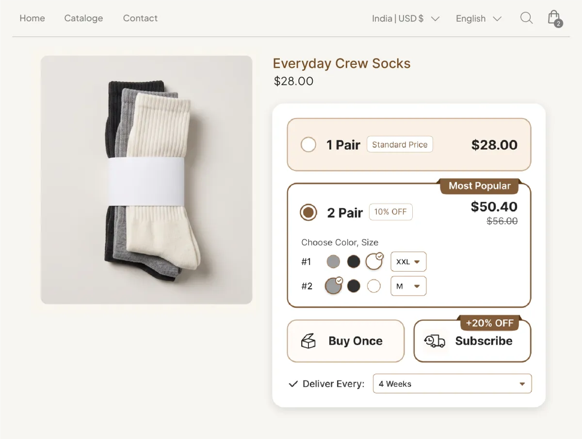 Everyday Crew Socks product page offering a one-time purchase alongside recurring pair quantities on a repeat-delivery cycle