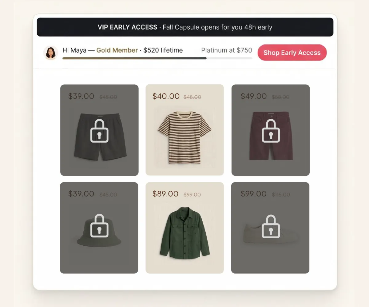 VIP early access banner opening a locked Fall Capsule 48 hours early for a Gold Member whose lifetime spend crossed the threshold