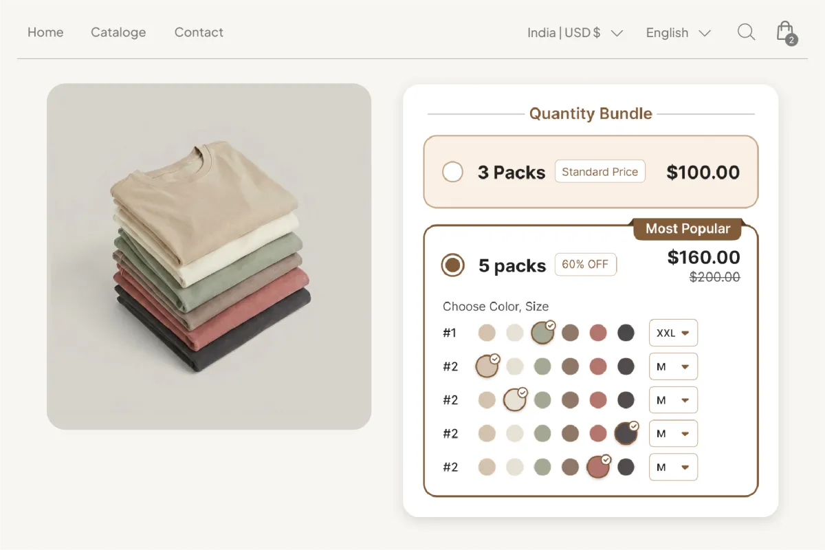 Stack of folded basics tees beside a widget whose tiers are labelled 3 Packs and 5 Packs rather than generic quantity discounts