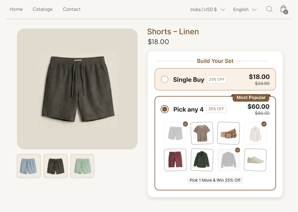Shorts product page with a mix and match panel letting the shopper pick any four items from an eligible group at one bundle price