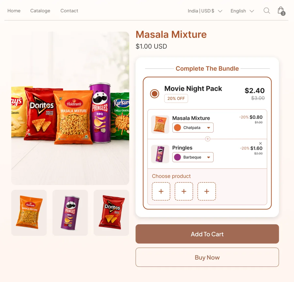 Snack page with a Complete The Bundle panel grouping two packets into a Movie Night Pack at 20% off, with three empty slots to add more