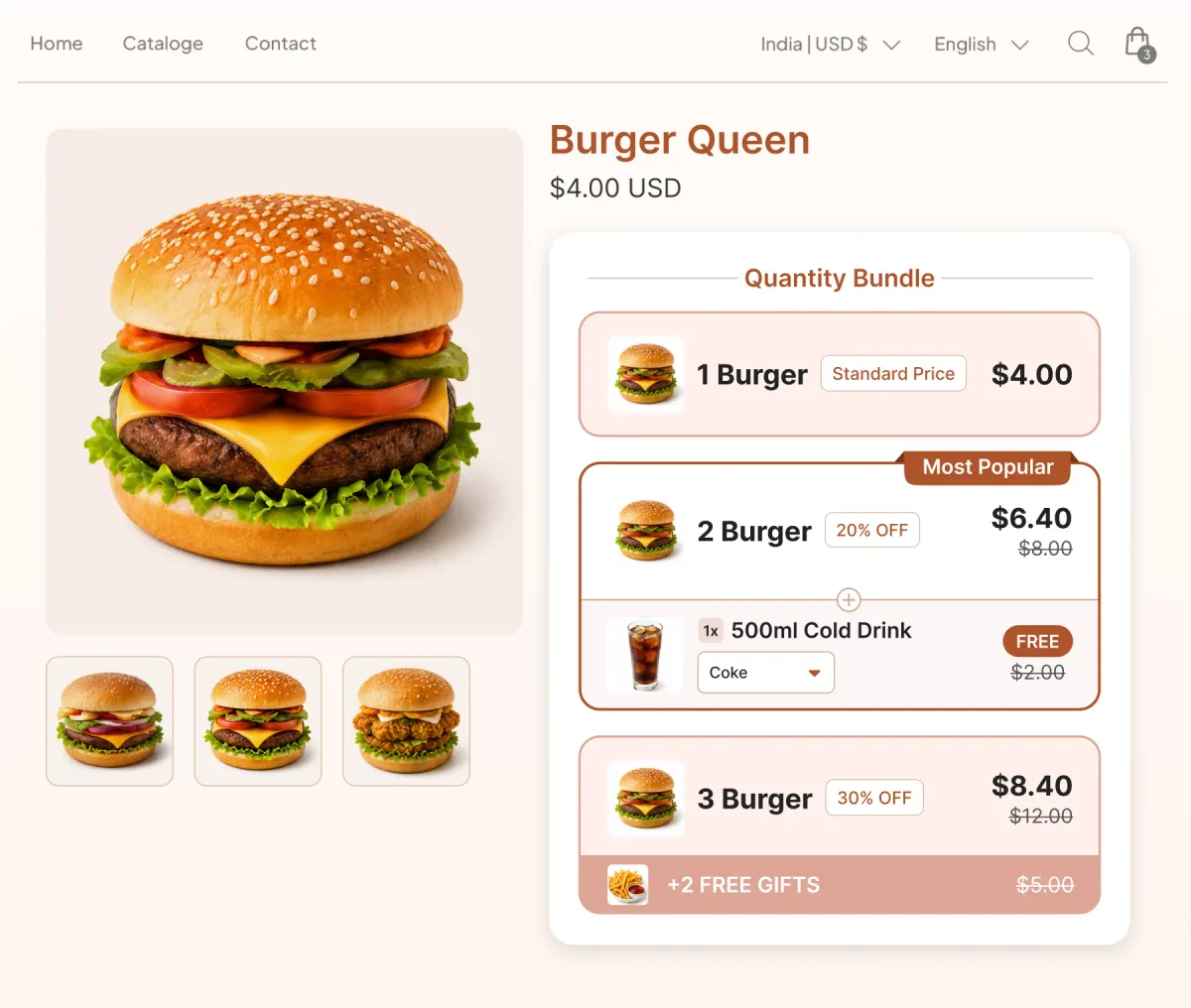 Burger page where the two-item tier adds a free cold drink and the three-item tier unlocks two more free gifts