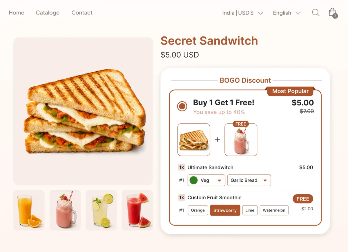 Toasted sandwich page offering buy one get one free across a pairing, the sandwich with a fruit smoothie free, saving up to 40%