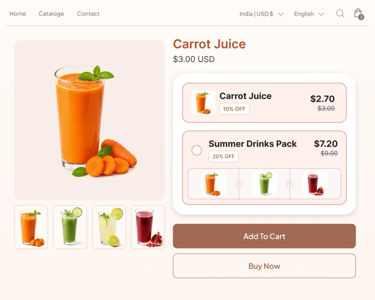 Carrot juice page offering a single juice at 10% off or a three-drink Summer Drinks Pack at 20% off