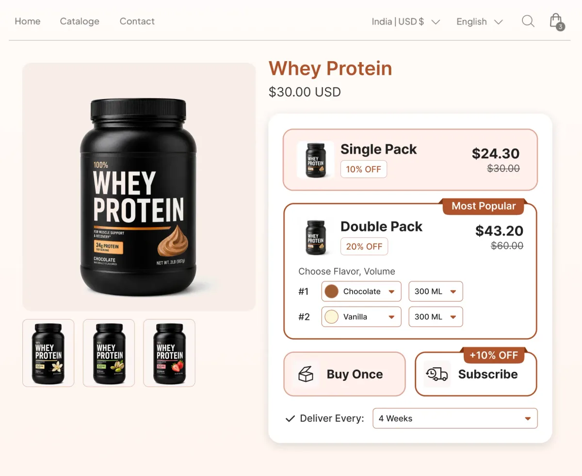 Protein powder page with a Buy Once and Subscribe toggle, the subscription adding 10% off, on a four-week delivery cadence