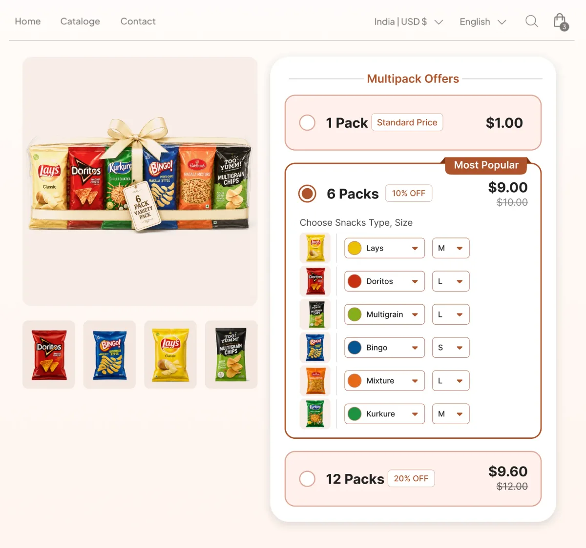 Snack page with Multipack Offers tiers at one, six and twelve packs, the six-pack letting the shopper choose each flavour and size