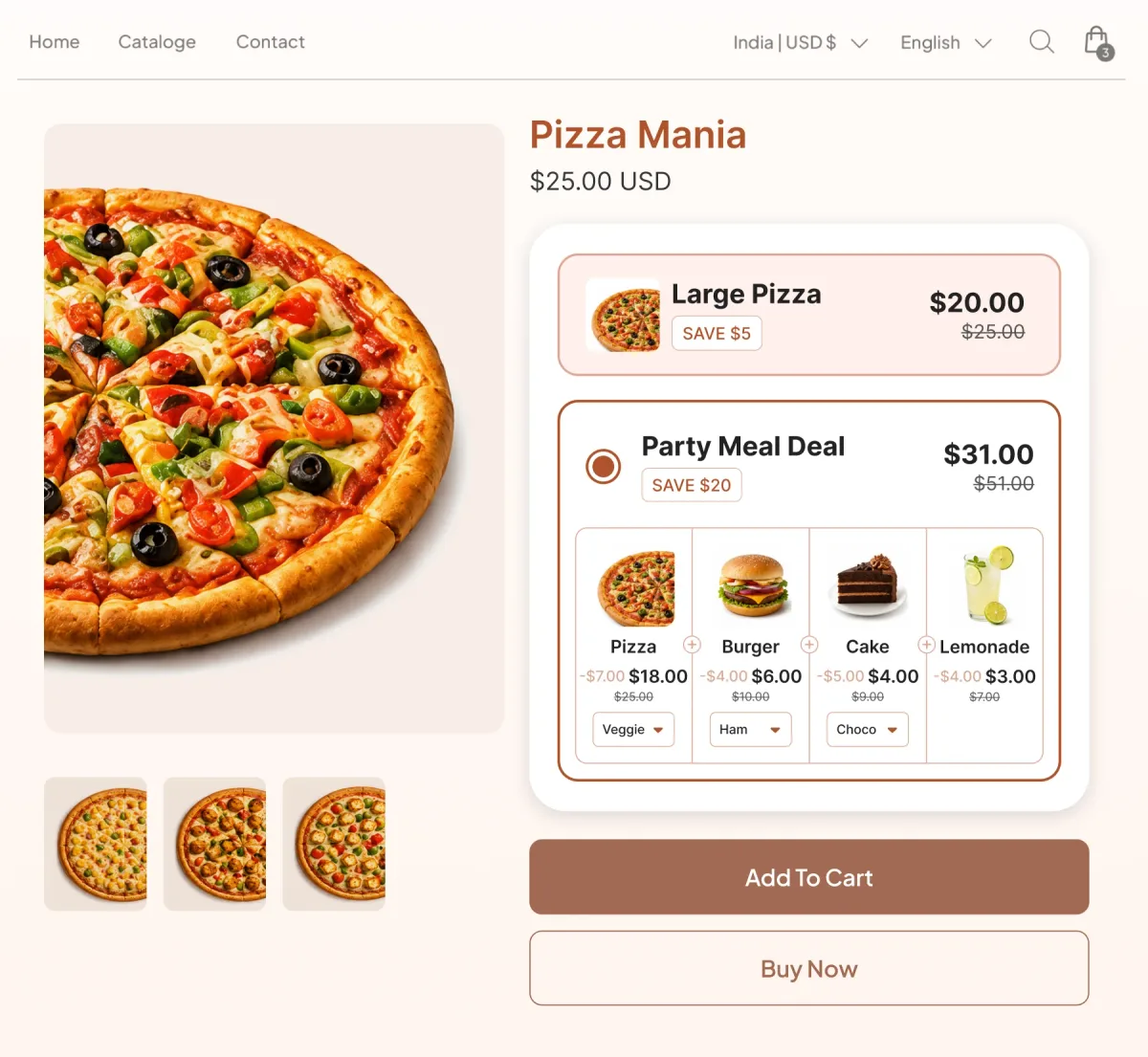 Pizza page offering a single large pizza or a Party Meal Deal that adds a burger, cake and lemonade for $20 off