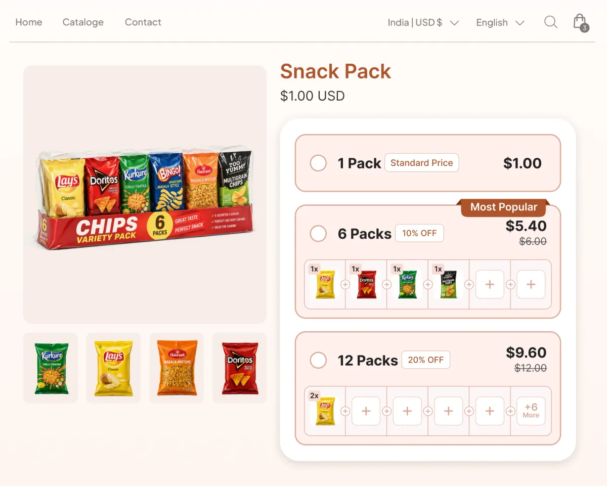 Snack pack page with tiers at one, six and twelve packs, the six-pack showing four chosen items and two empty slots to fill