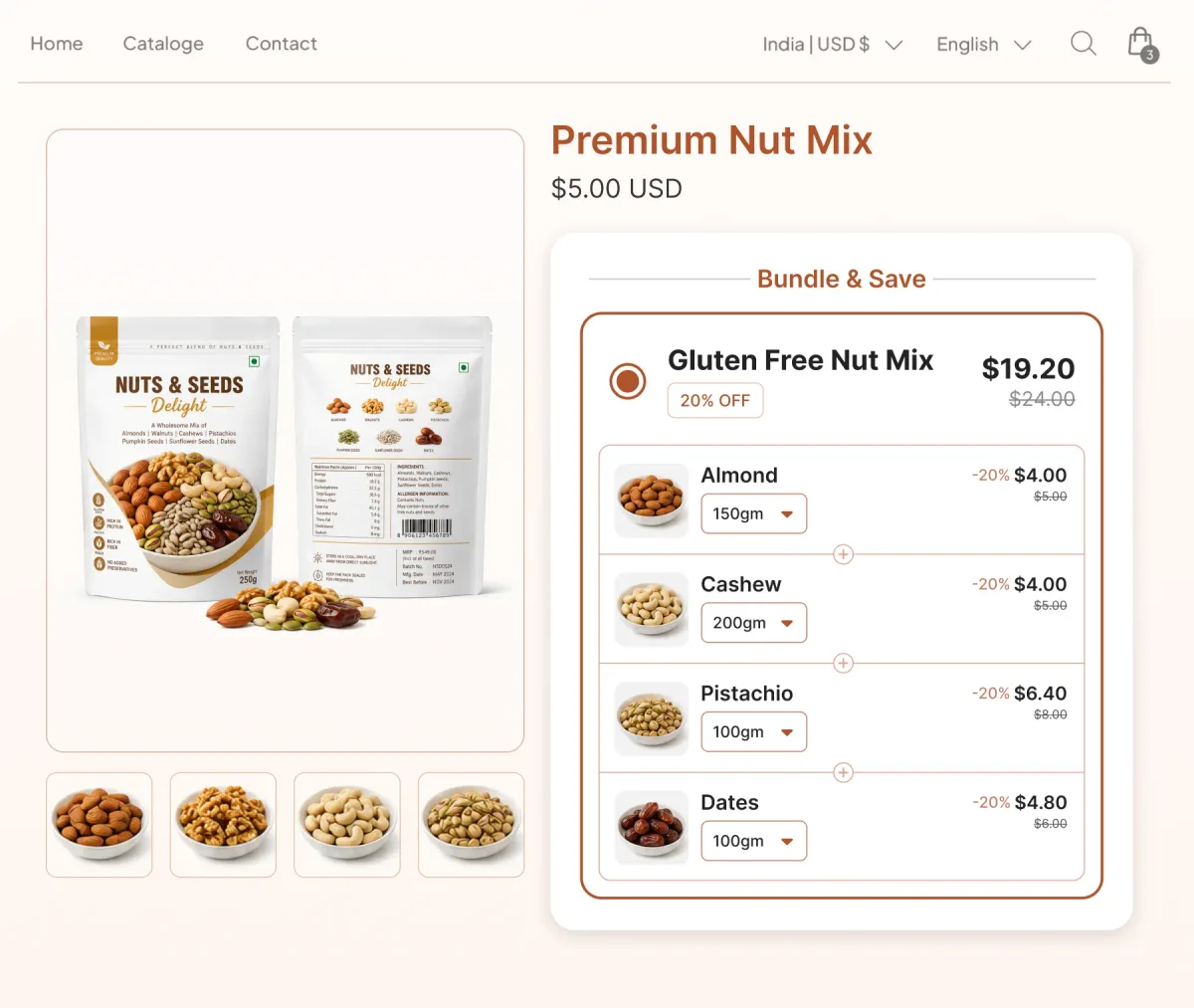 Nut mix page whose pack back shows its allergen information, bundling almonds, cashews, pistachios and dates into a Gluten Free Nut Mix at 20% off