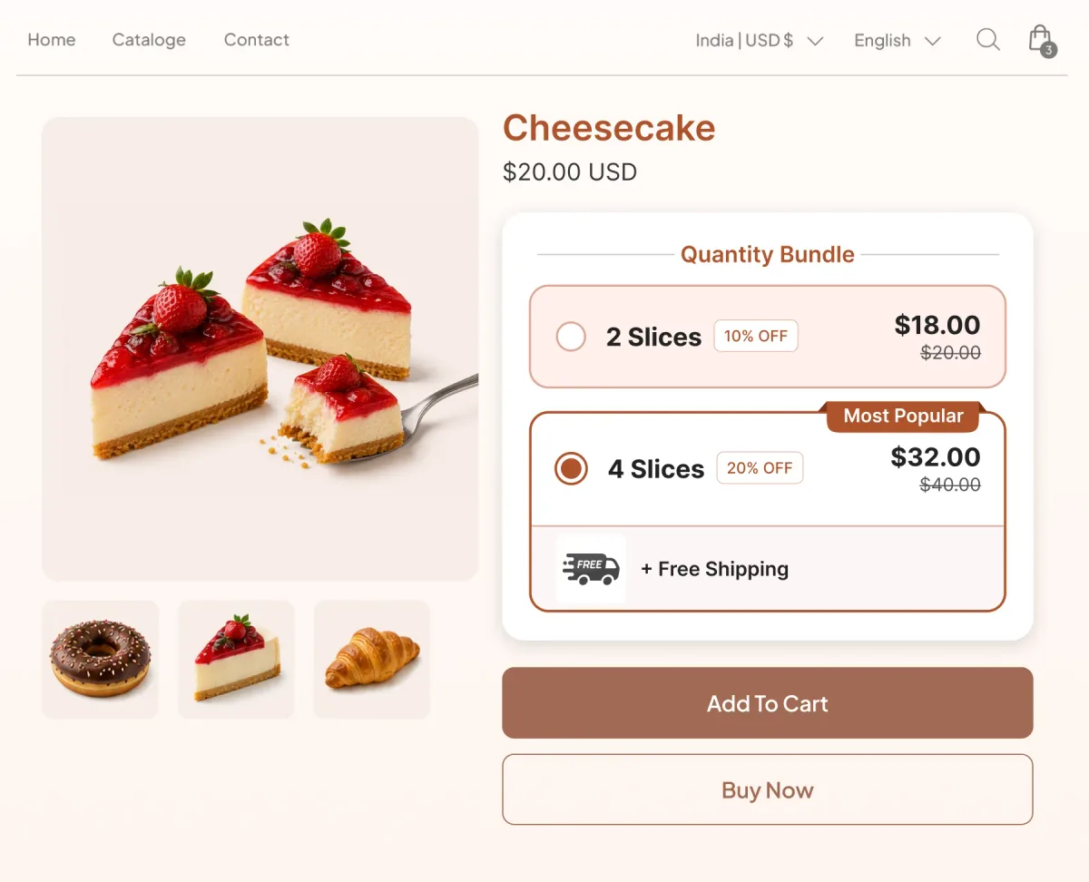 Cheesecake page where the four-slice tier adds free shipping alongside its 20% discount