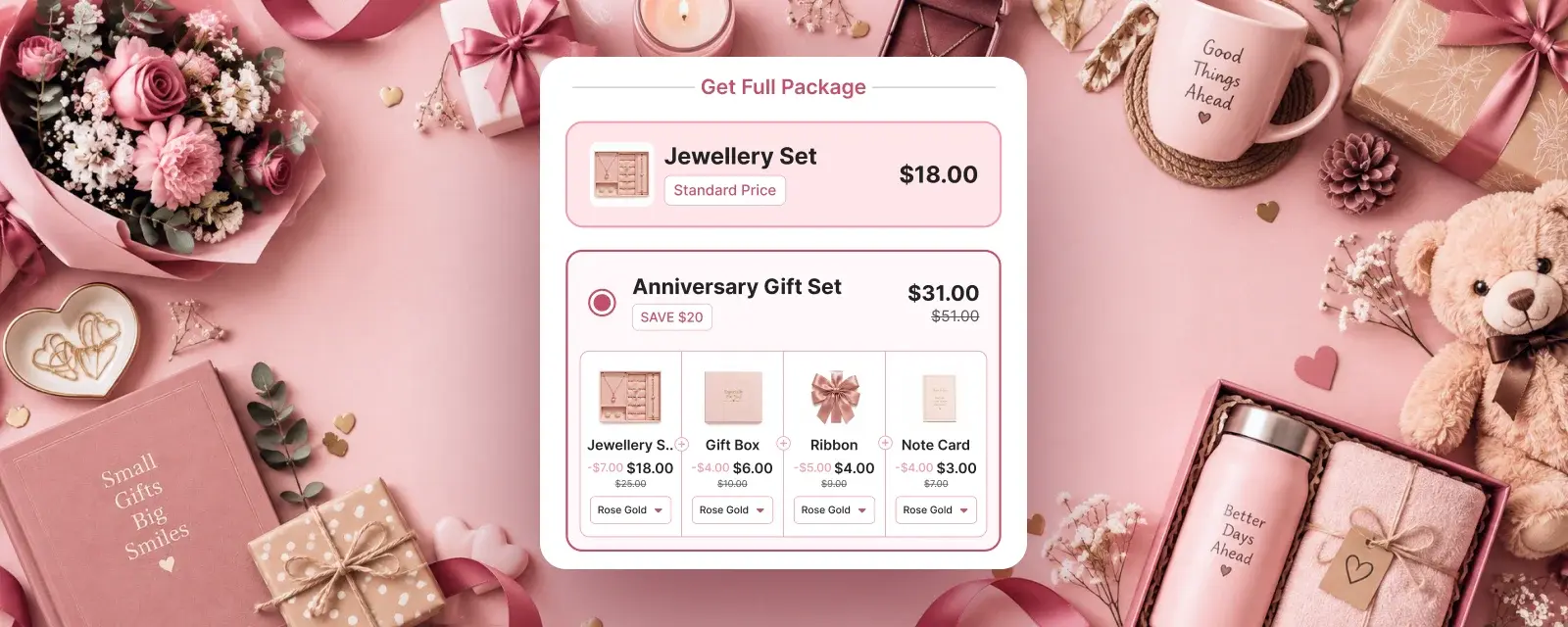 Flat lay of wrapped gifts, flowers, a candle and a teddy bear in pink, with a widget offering a jewellery set at $18 or an anniversary gift set of four at $31, saving $20