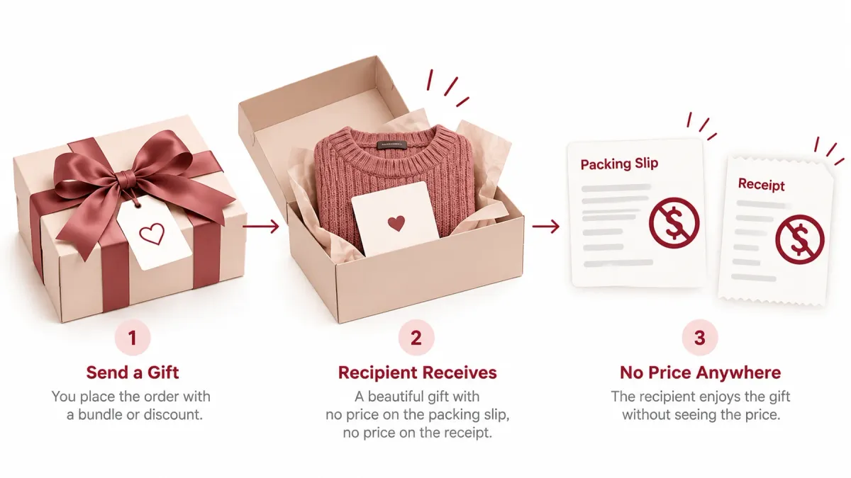 Three-step diagram: the buyer places a discounted order, the recipient opens the gift, and both the packing slip and receipt show no price anywhere