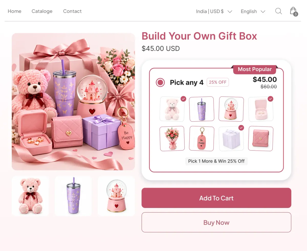Build Your Own Gift Box page with a Pick any 4 panel of eight gift items at 25% off