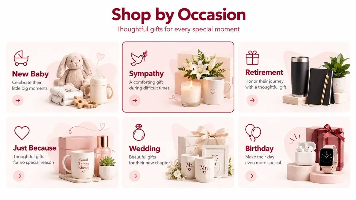 Shop by Occasion grid with cards for New Baby, Sympathy, Retirement, Just Because, Wedding and Birthday instead of product categories