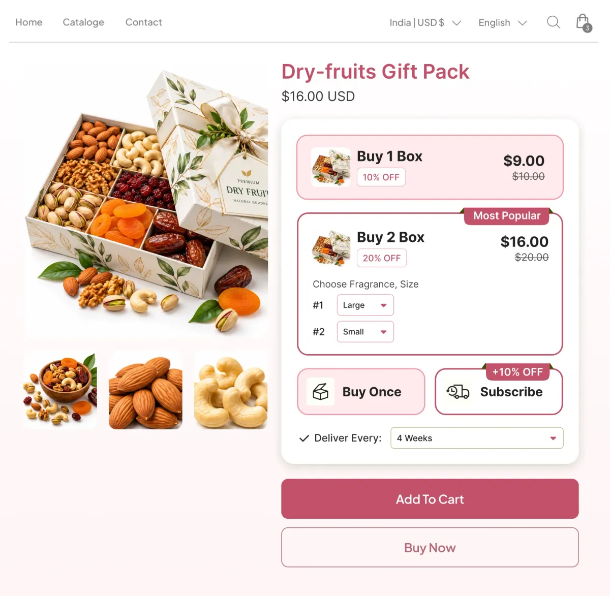 Dry-fruits gift pack page with one box and two box tiers, a Buy Once or Subscribe toggle at 10% off, and delivery set to every four weeks