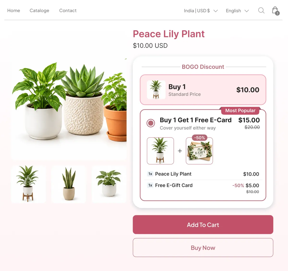 Plant gift page with a Buy 1 Get 1 Free E-Card tier labelled Cover yourself either way, pairing the plant with a half-price e-gift card