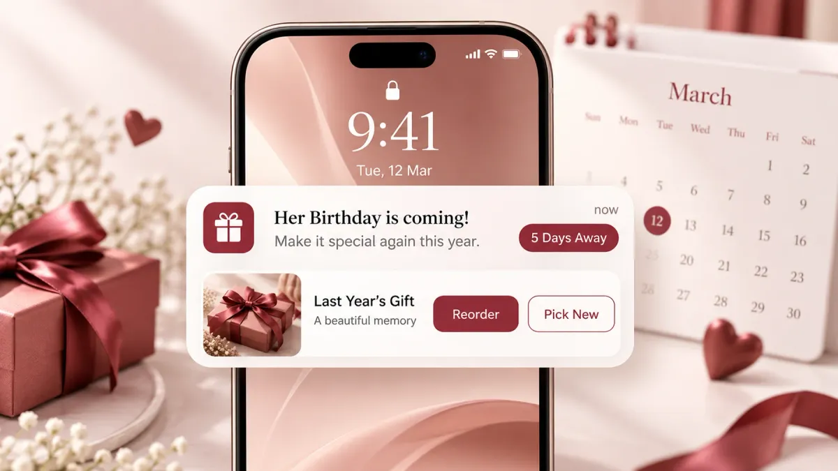 Phone notification reading Her Birthday is coming, five days away, showing last year's gift with Reorder and Pick New buttons