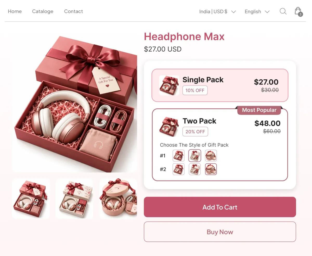 Headphone gift pack page offering a single pack or a two pack, with a Choose The Style of Gift Pack row picking the boxed presentation for each