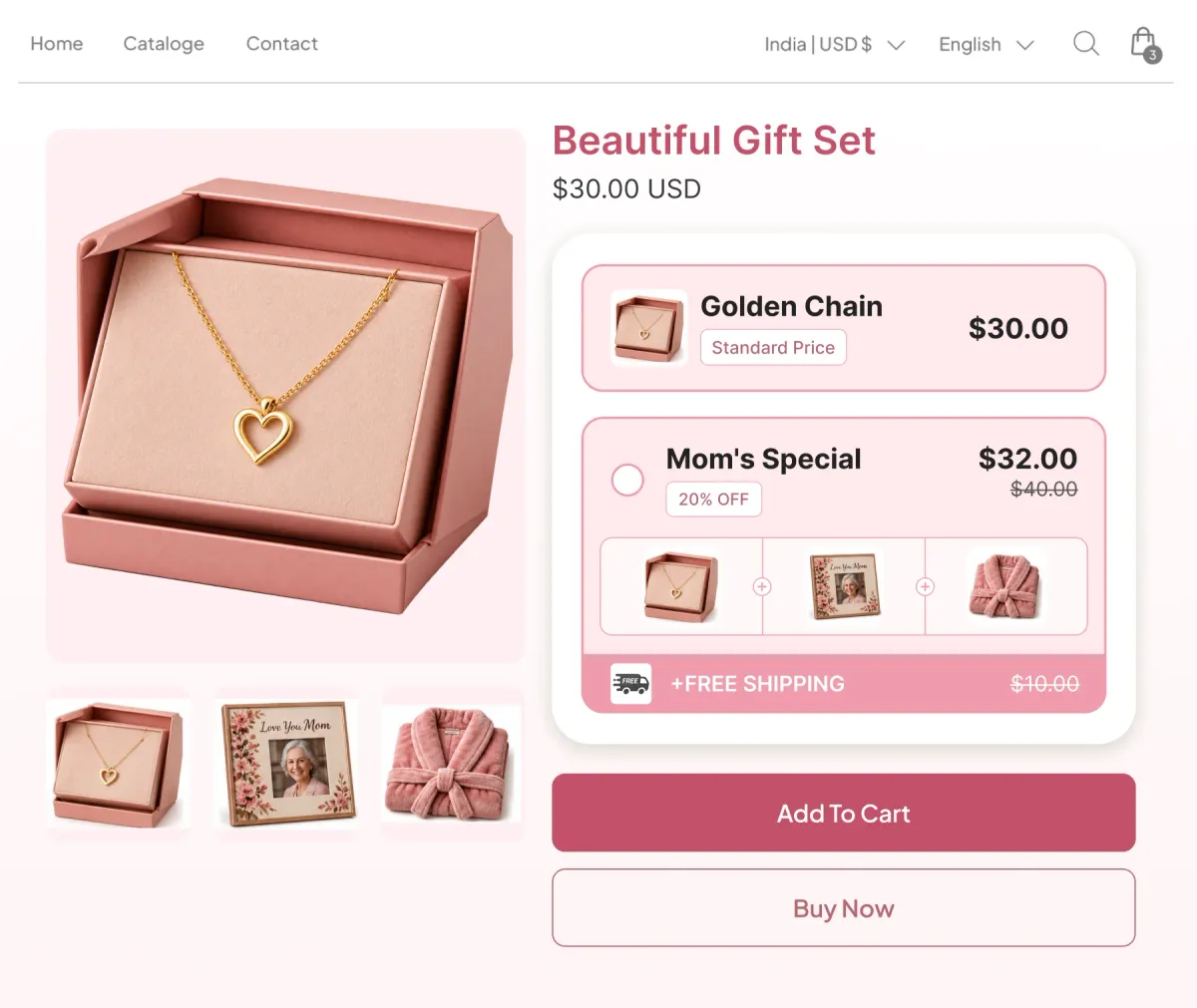 Gift set page offering a single necklace or a Mom's Special bundle of necklace, photo frame and robe, with free shipping attached to the bundle