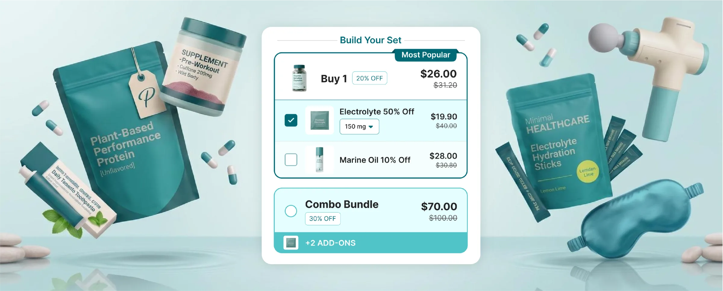 Plant-based protein, pre-workout, electrolyte sticks, a massage gun and a sleep mask floating around a Build Your Set widget that pairs a spirulina bottle with electrolyte sachets and marine oil, and offers a Combo Bundle at 30% off