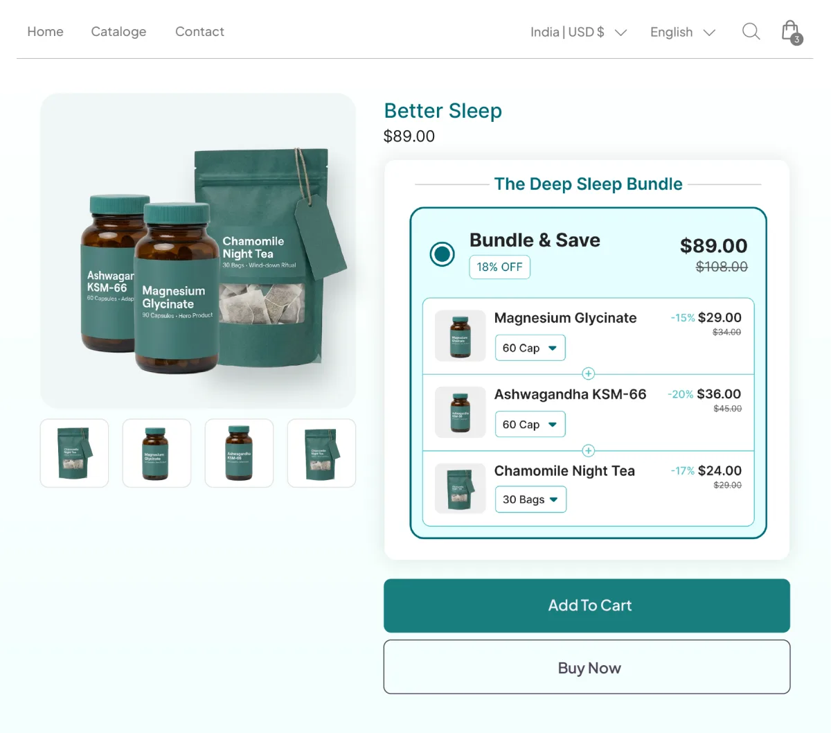Better Sleep product page with a Deep Sleep Bundle panel grouping magnesium glycinate, ashwagandha KSM-66 and chamomile night tea at 18% off