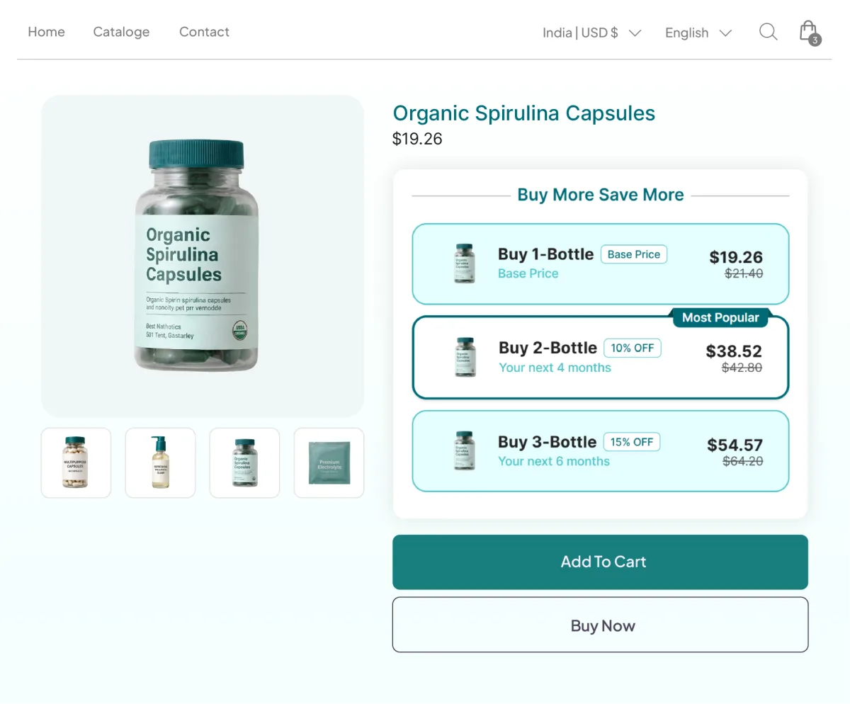 Organic Spirulina Capsules page with a Buy More Save More widget whose tiers read as months of supply, two bottles for the next four months and three for the next six