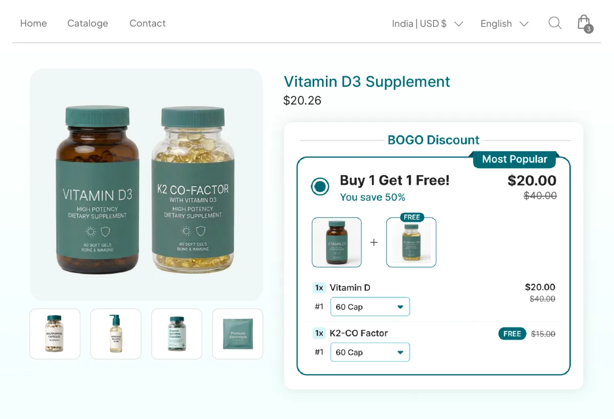 Vitamin D3 page offering buy one get one free across a complementary pair, the D3 bottle with its K2 co-factor free, saving 50% on the pair