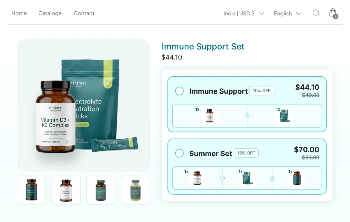 Immune Support Set page offering two seasonal sets, a two-item Immune Support at 10% off and a three-item Summer Set at 15% off