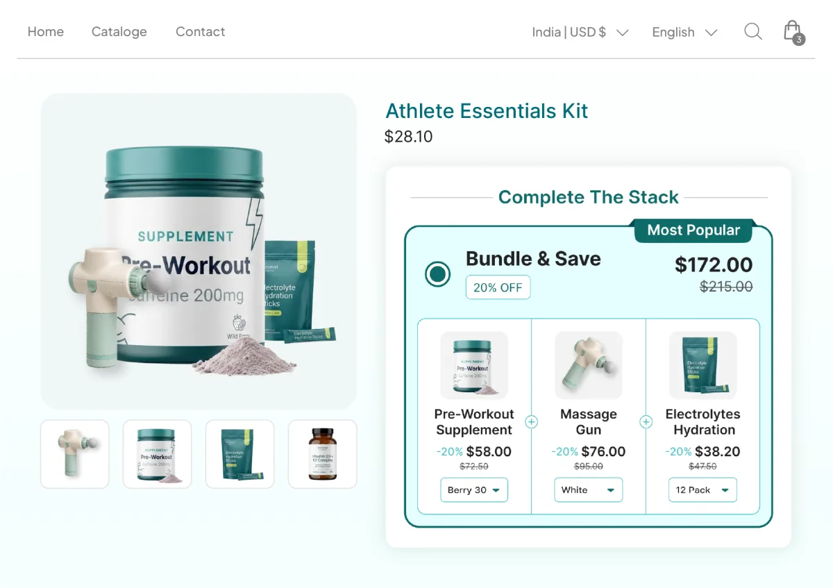 Athlete Essentials Kit page whose Complete The Stack bundle crosses categories, a pre-workout supplement with a massage gun and electrolyte sticks at 20% off