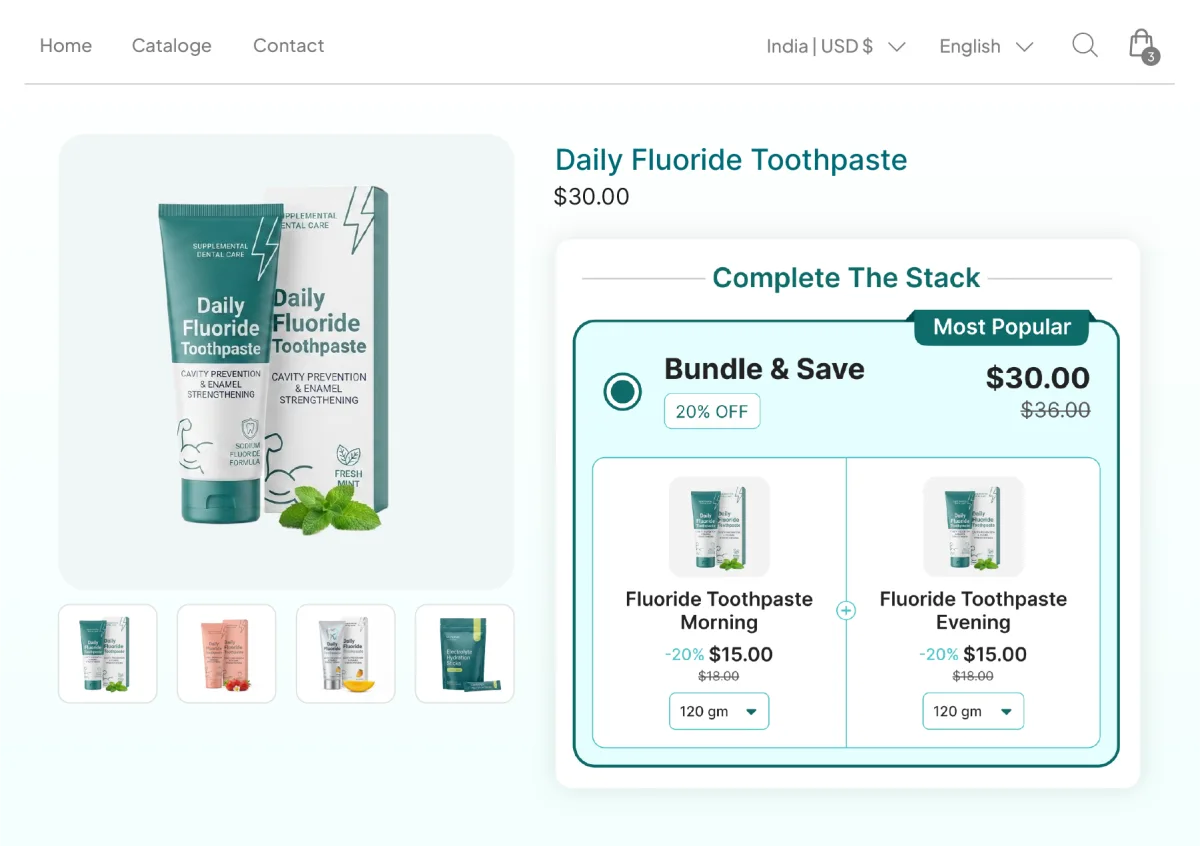 Daily Fluoride Toothpaste page selling a morning step and an evening step as one bundle at 20% off