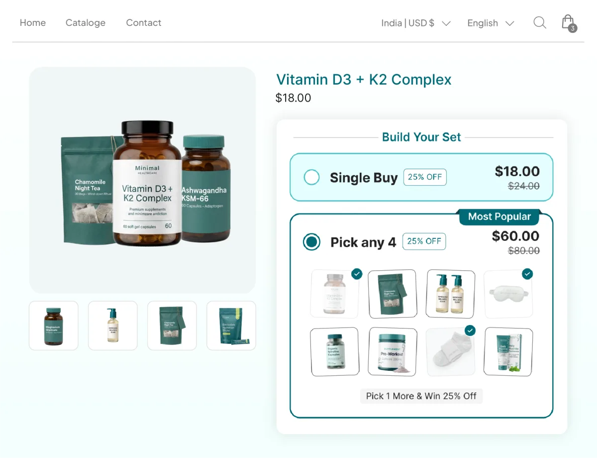 Vitamin D3 plus K2 page with a Build Your Set panel letting the shopper pick any four products from an eligible group of eight at 25% off
