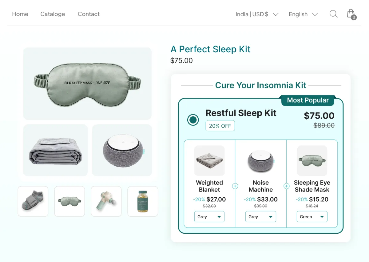 Sleep kit page whose widget title overclaims while the kit inside it is named for the goal it supports, bundling a weighted blanket, a noise machine and an eye mask at 20% off