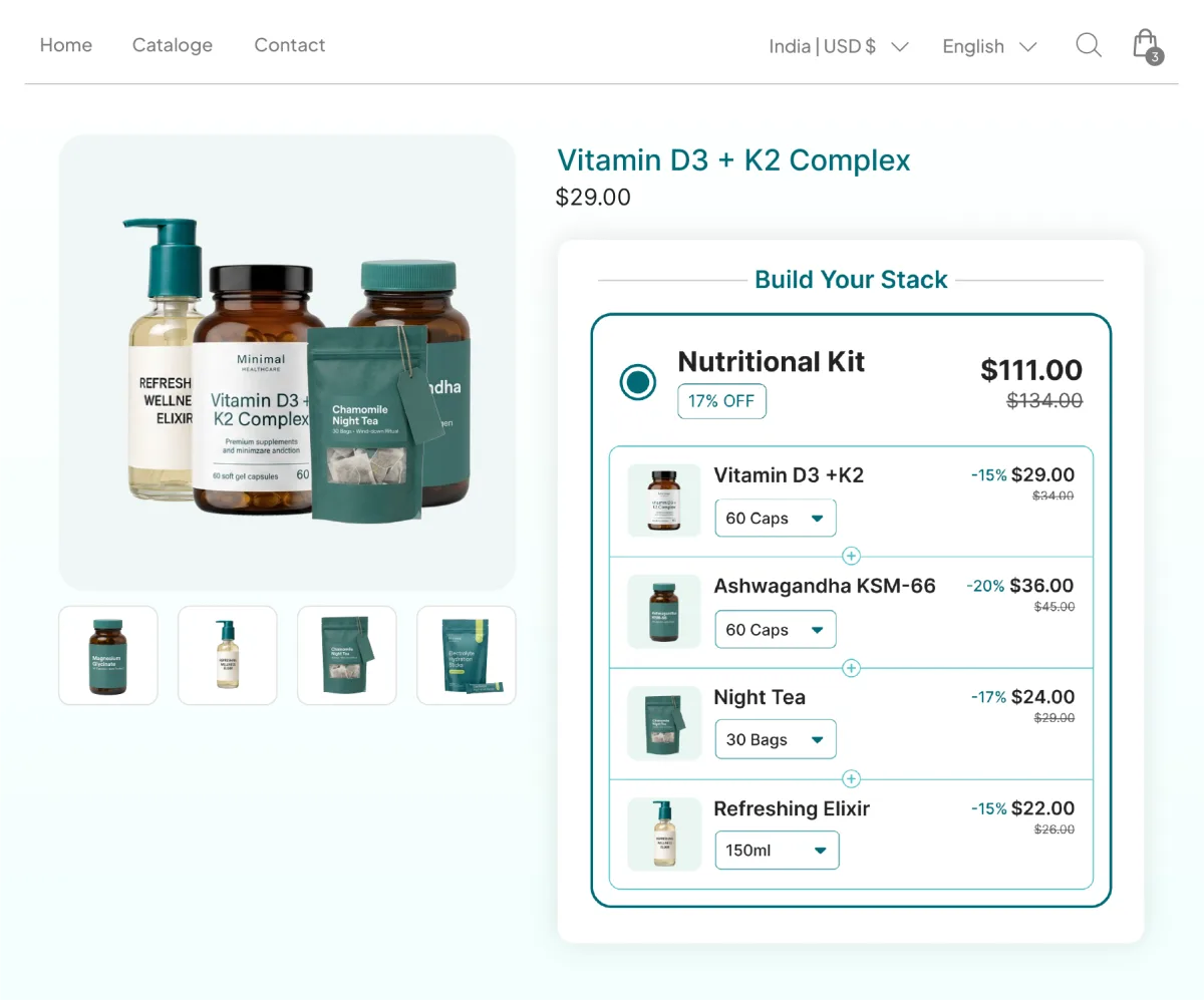 Vitamin D3 plus K2 page with a Build Your Stack panel grouping four supplements into a Nutritional Kit at 17% off