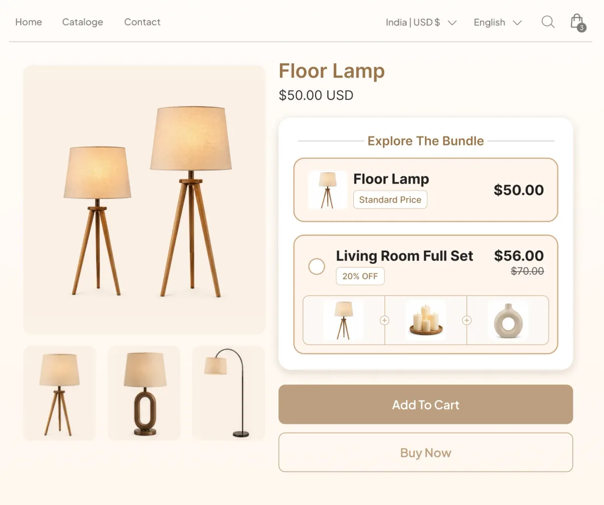 Floor lamp page with an Explore The Bundle widget offering the lamp alone at $50 or a Living Room Full Set at $56 that adds candles and a vase, 20% off
