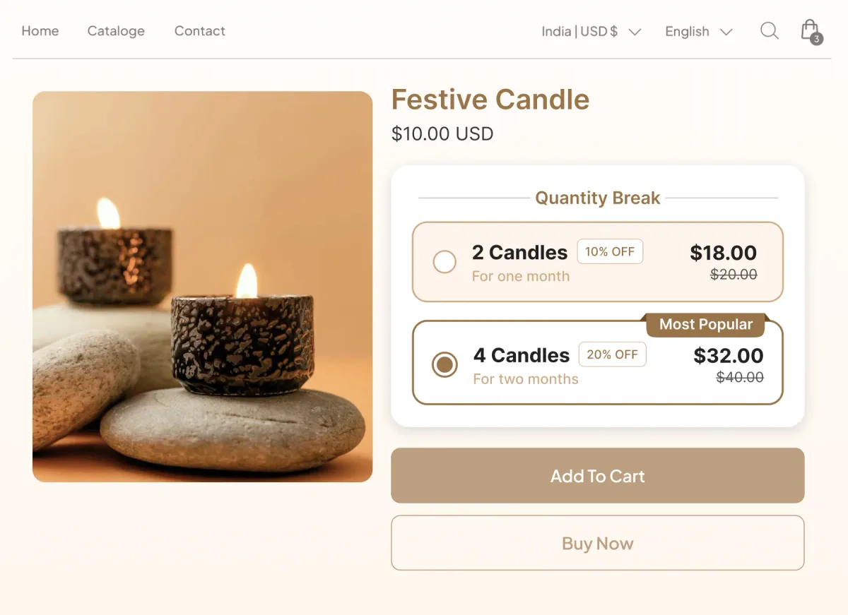 Festive candle page with a Quantity Break widget whose tiers read as burn time, two candles for one month at 10% off and four for two months at 20% off