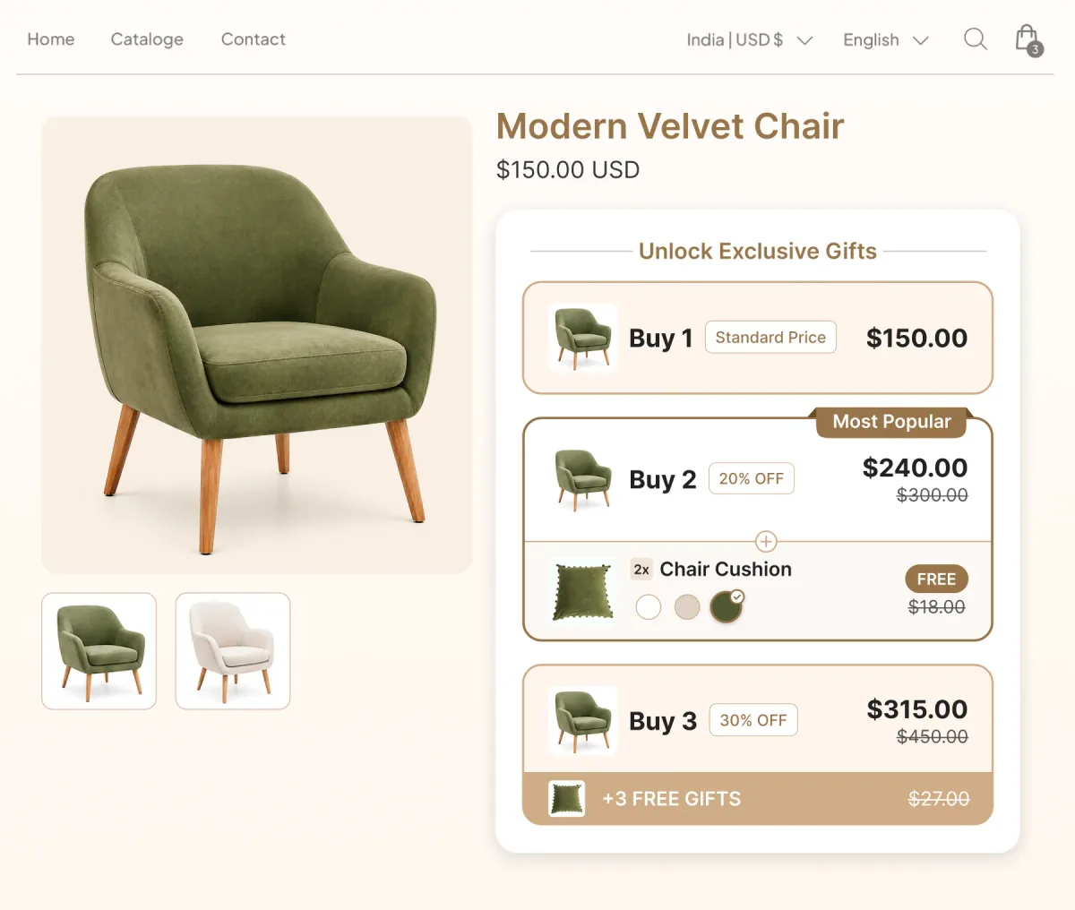 Velvet chair page with an Unlock Exclusive Gifts widget where buying two takes 20% off and adds two cushions free, and buying three takes 30% off with three free gifts