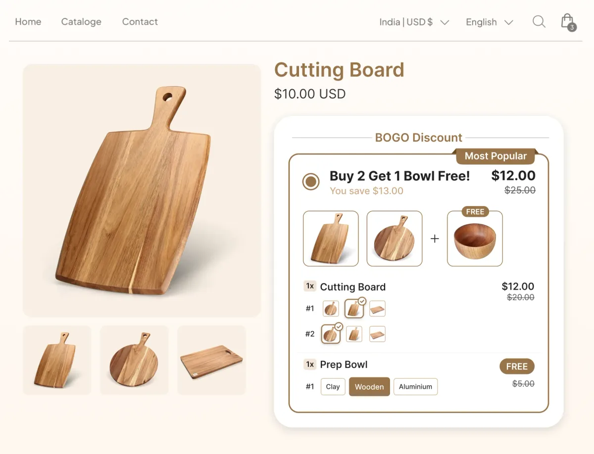 Cutting board page with a BOGO Discount widget where buying two boards adds a prep bowl free, saving $13