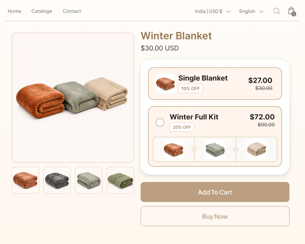 Winter blanket page offering a single blanket at 10% off or a three-blanket Winter Full Kit at 20% off