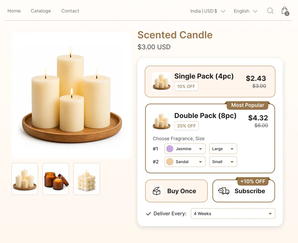 Scented candle page with single and double pack tiers and a Buy Once or Subscribe toggle, the subscription adding 10% off on a four-week delivery cadence