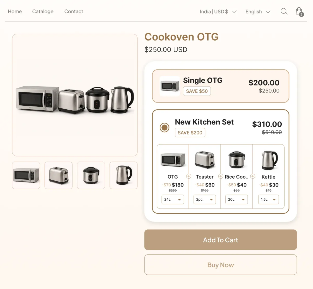 Kitchen appliance page offering an oven alone at $200 or a New Kitchen Set of oven, toaster, rice cooker and kettle at $310, saving $200
