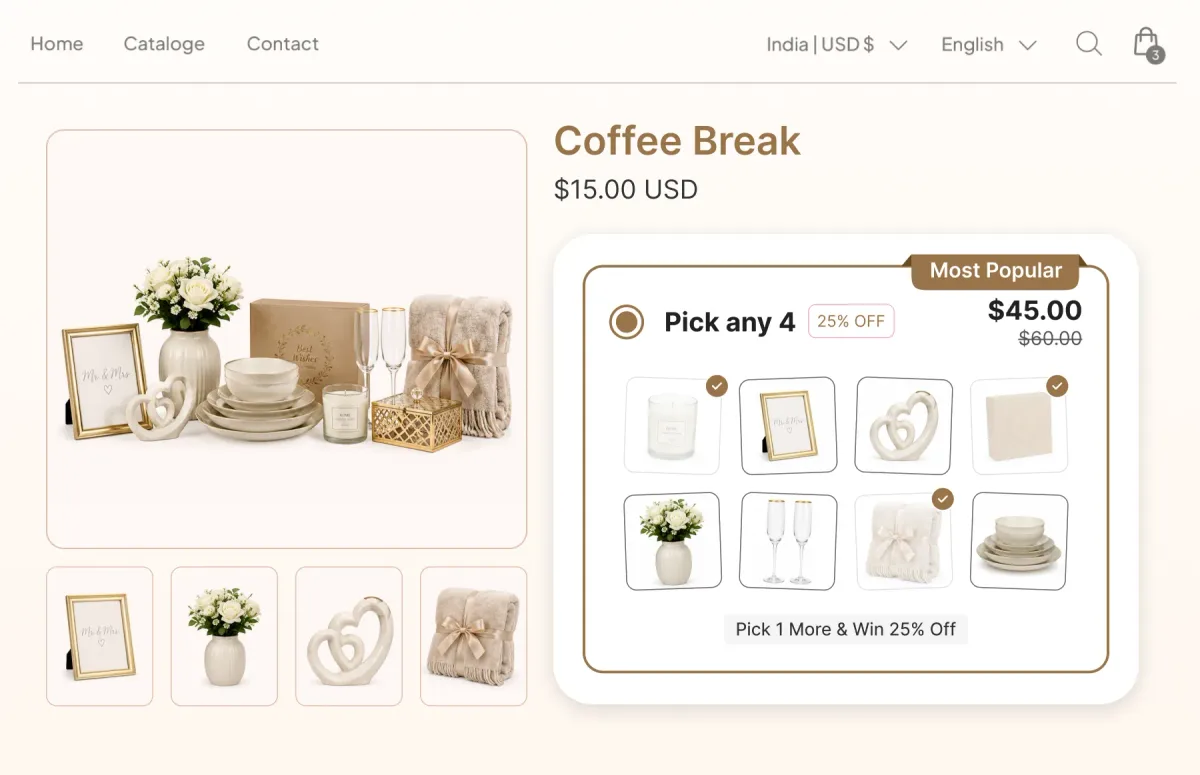 Gifting bundle page where picking any four of eight pieces, from frames and vases to glassware and a throw, takes 25% off