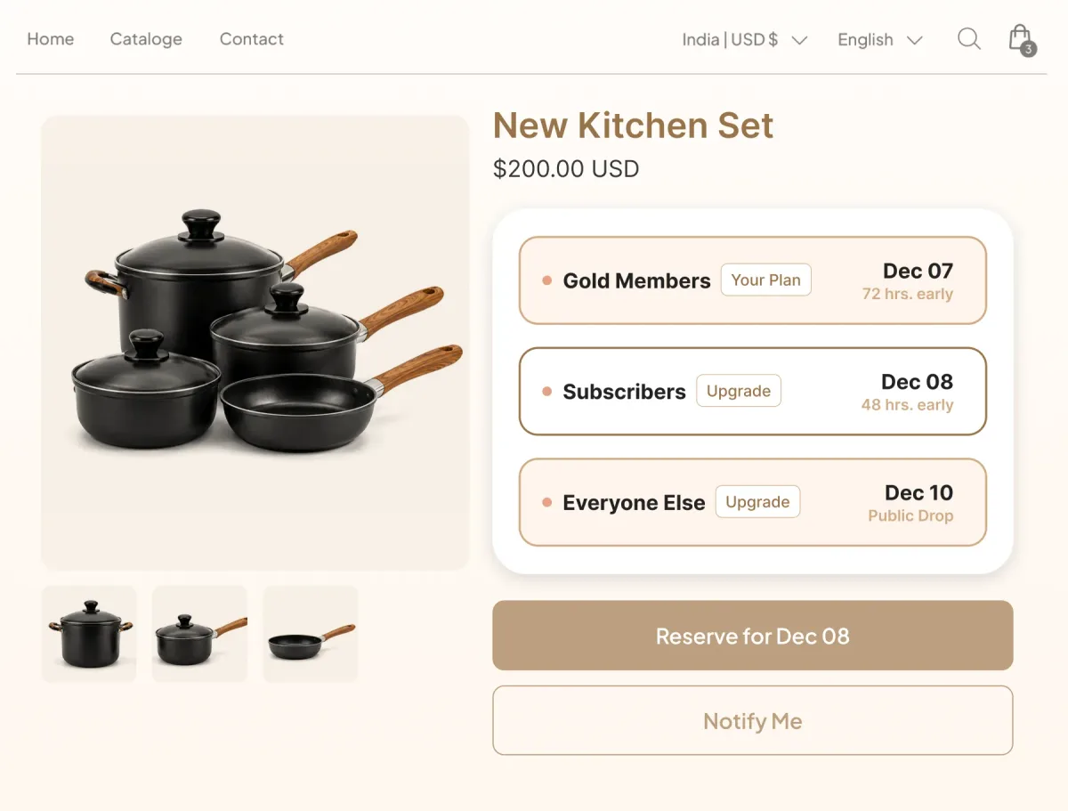 Cookware launch page opening the drop to Gold members on December 7, subscribers on December 8 and everyone else on December 10, with no discount attached