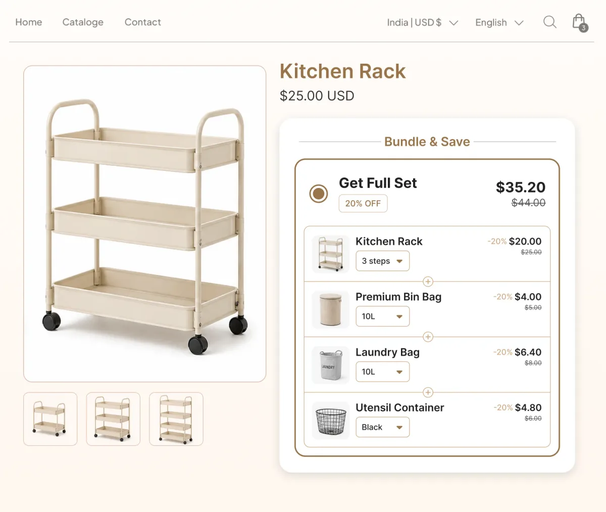 Kitchen rack page with a Bundle and Save widget offering a Get Full Set of rack, bin bag, laundry bag and utensil container at 20% off